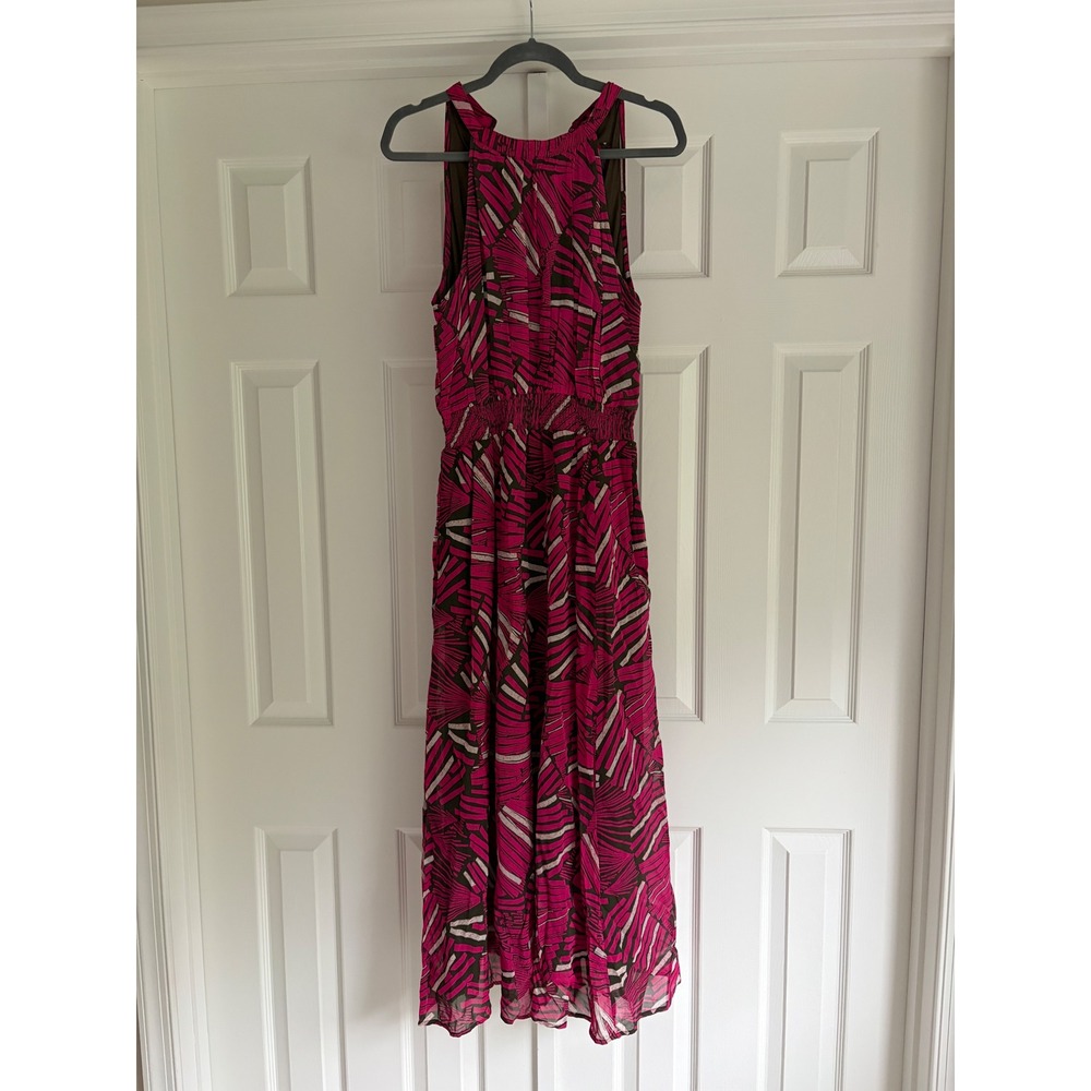 Maeve Anthropologie Pink Brown Palm Print Smocked Maxi Dress Medium Halter Neck